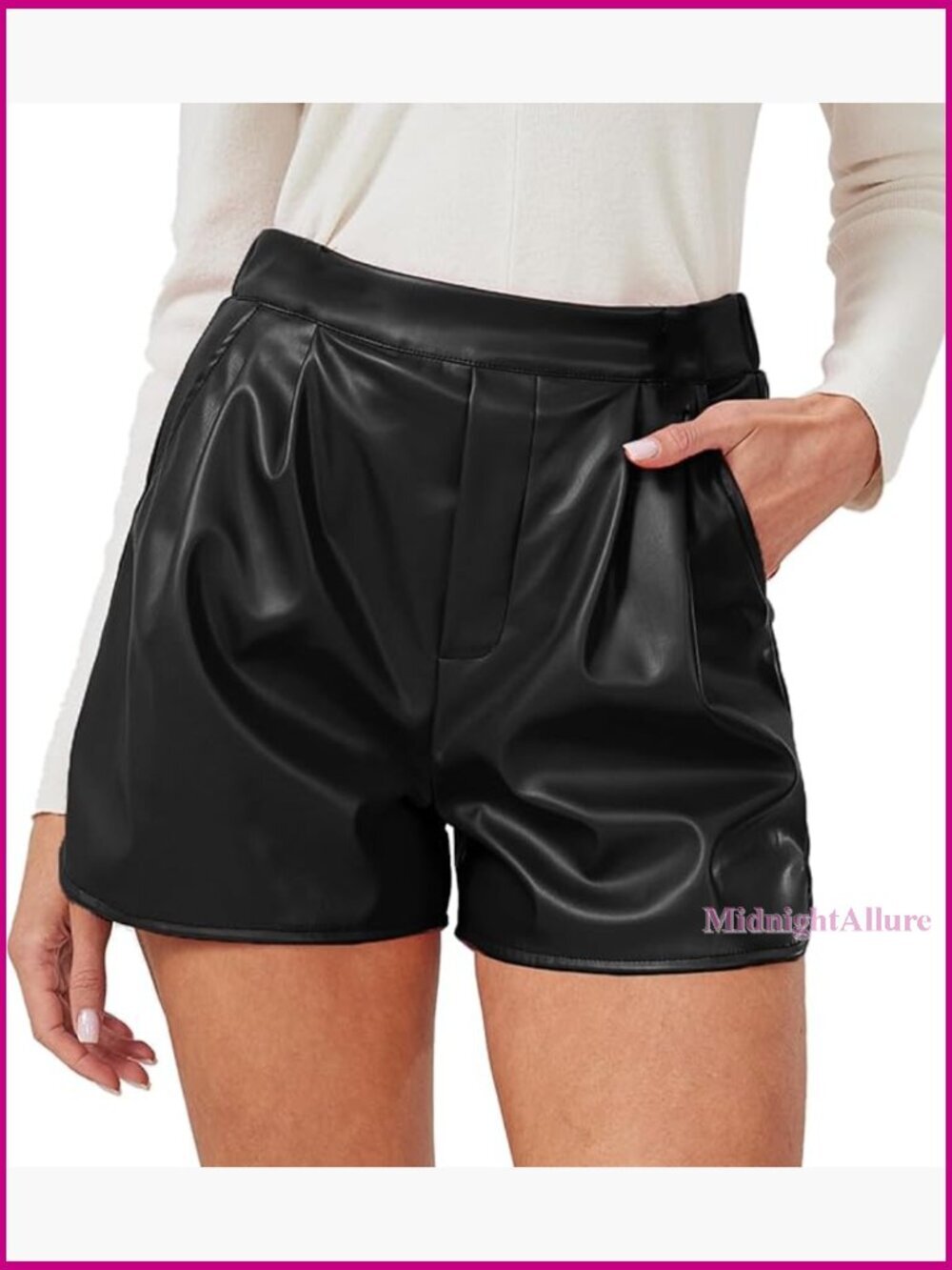 High Waisted Wide Leg Pleated Faux Leather Shorts with Pockets